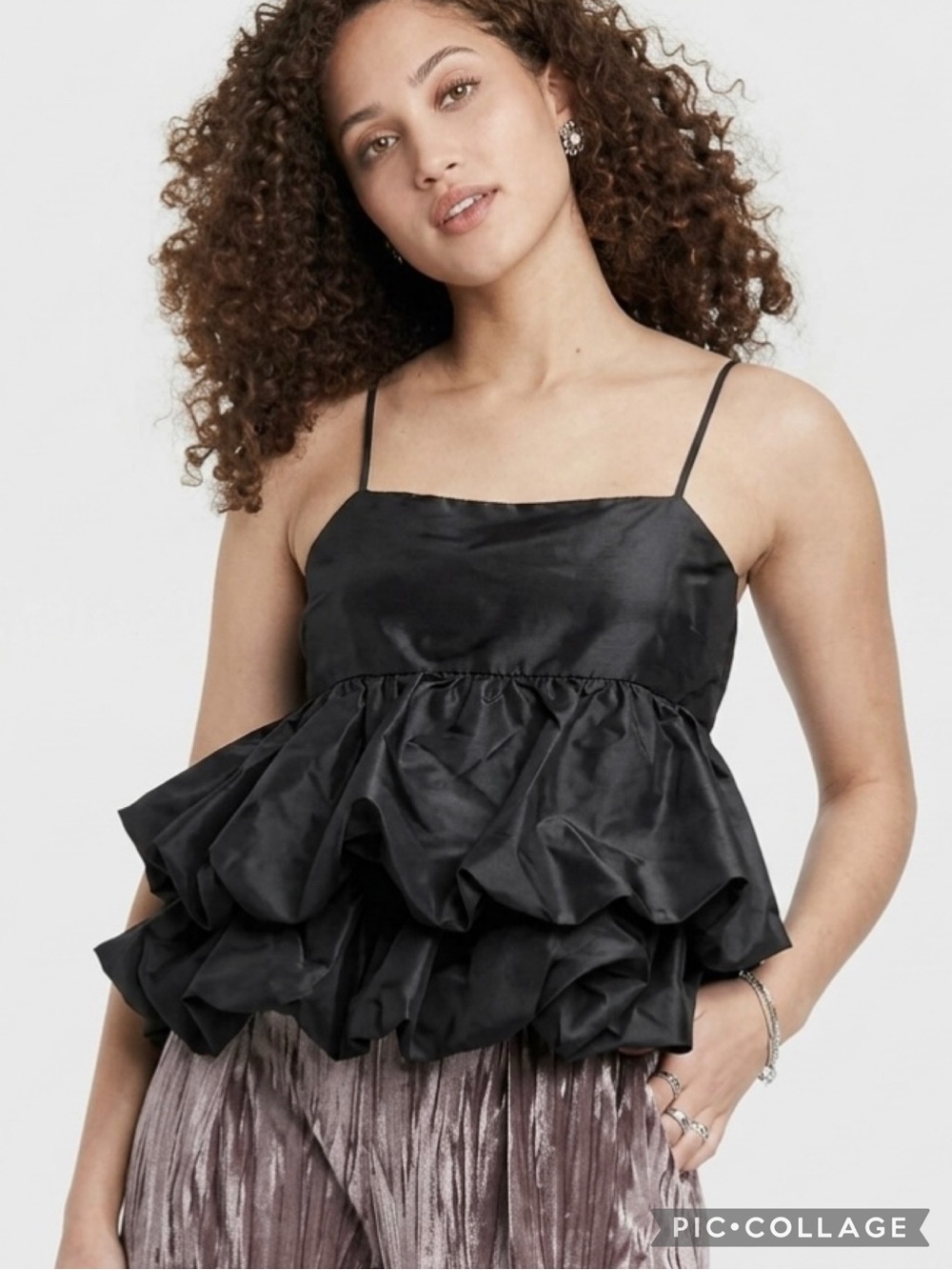 A New Day Black Taffeta Bubble Tiered Hem Peplum Top XS Coquette Cocktail